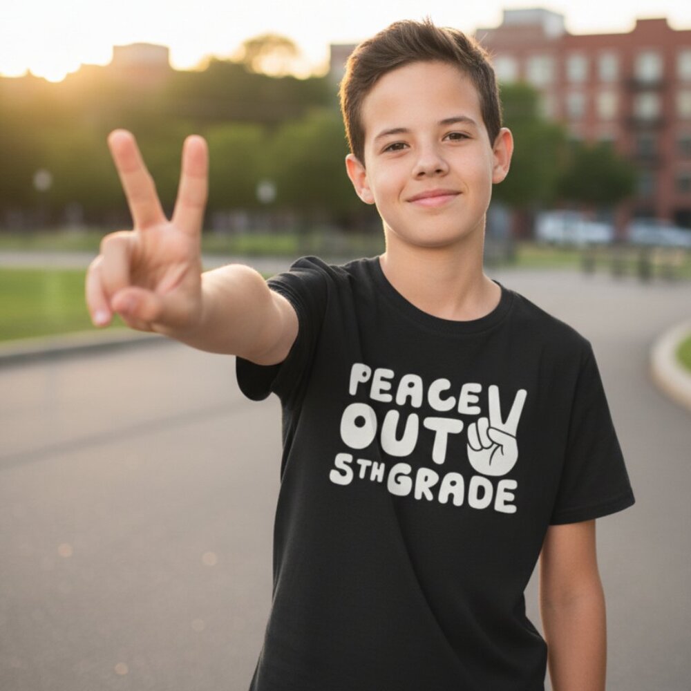 PEACE OUT 5th Fifth Grade Black Short Sleeve Graphic Tee 10 12 Boys Girls School - Picture 7 of 7